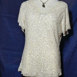 Vintage Style Cream Silk Beaded Sequin Flutter Sleeve V-Neck Blouse Top
